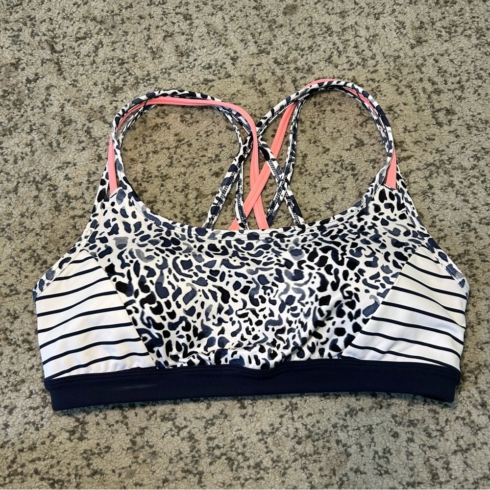Athleta Navy Blue & White Striped Cheetah Print Padded Strappy Sports Bra Size S